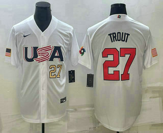 Mens USA Baseball #27 Mike Trout Number 2023 White World Baseball Classic Replica Stitched Jerseys